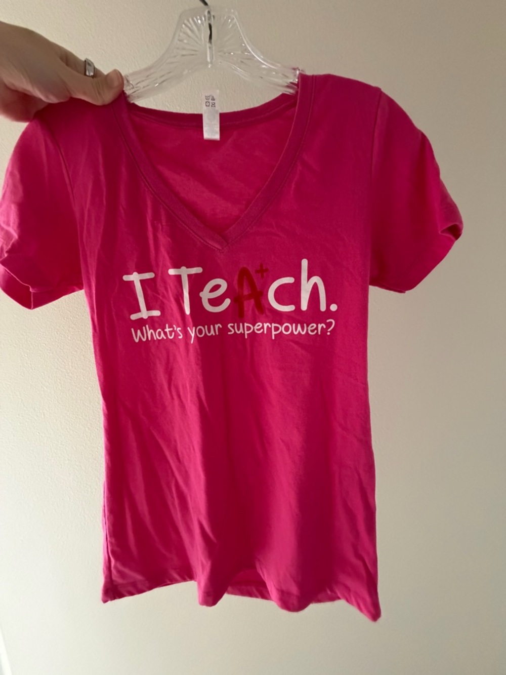 I Teach Pink V-Neck Tee - "What's Your Superpower?"